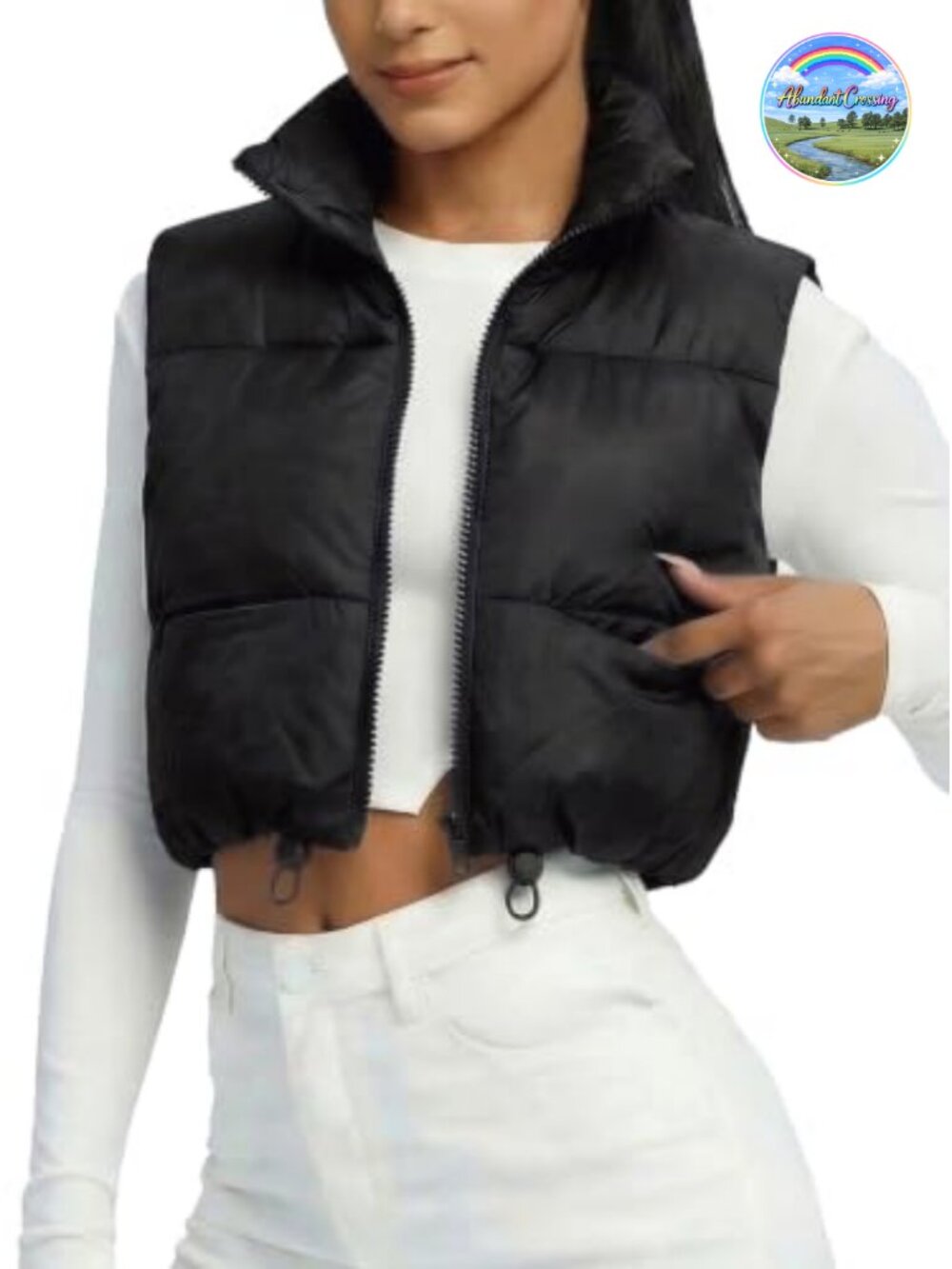Cropped Puffer Vest Lightweight Zip Pockets Stand Collar Quilted